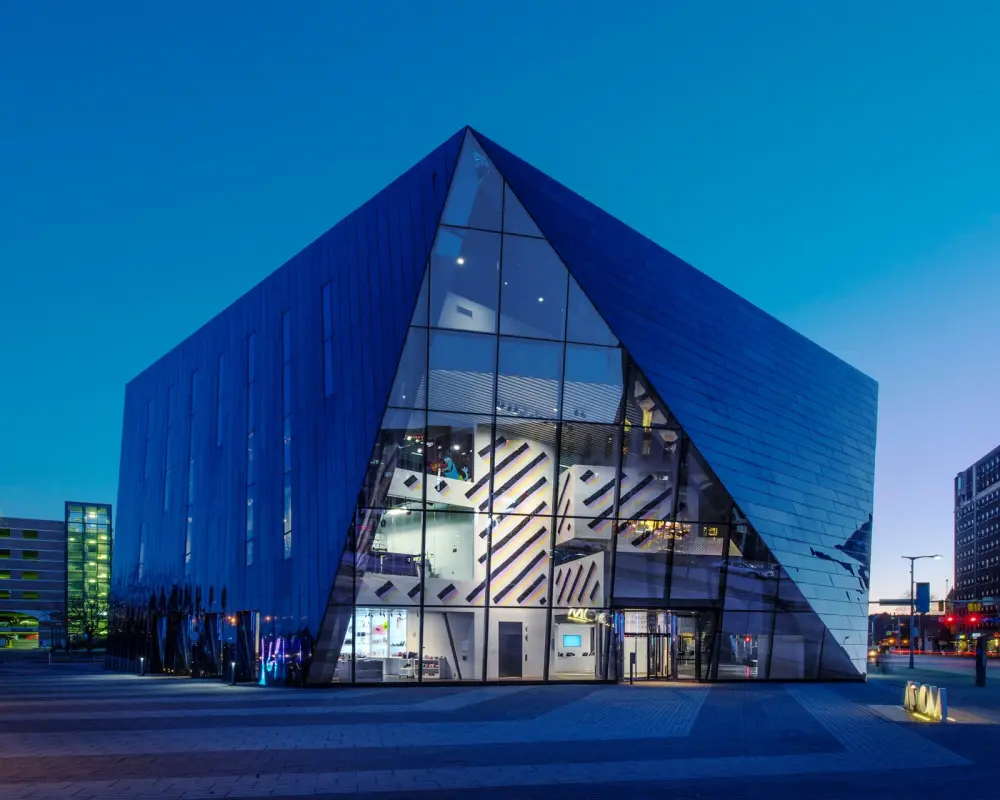 MOCA Cleveland museum building at dusk